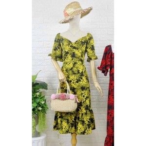 NWT Vintage Retro Style Dress Midi Dress Yellow Tree Tie Back Fits Size S,M,L